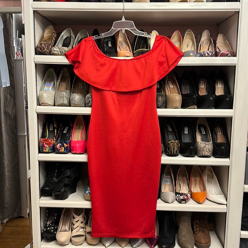 Red off shoulder dress